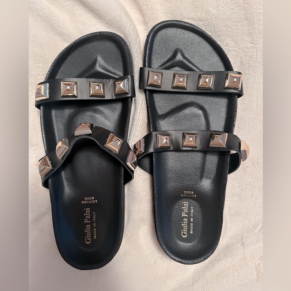 Giulia Palai Black and Gold Studded Slide Sandal